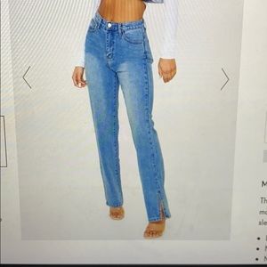 Prettylittlething mid blue wash split hem jeans